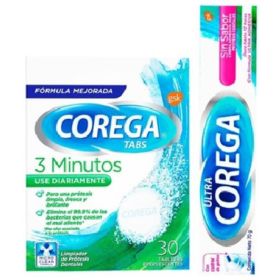 Pack de 30 corega tabs más corega adhevido sin sabor 70g.