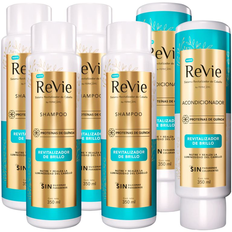 Revie 04 Shampoo Revitalizador Brillo + 02 Acondicionadores