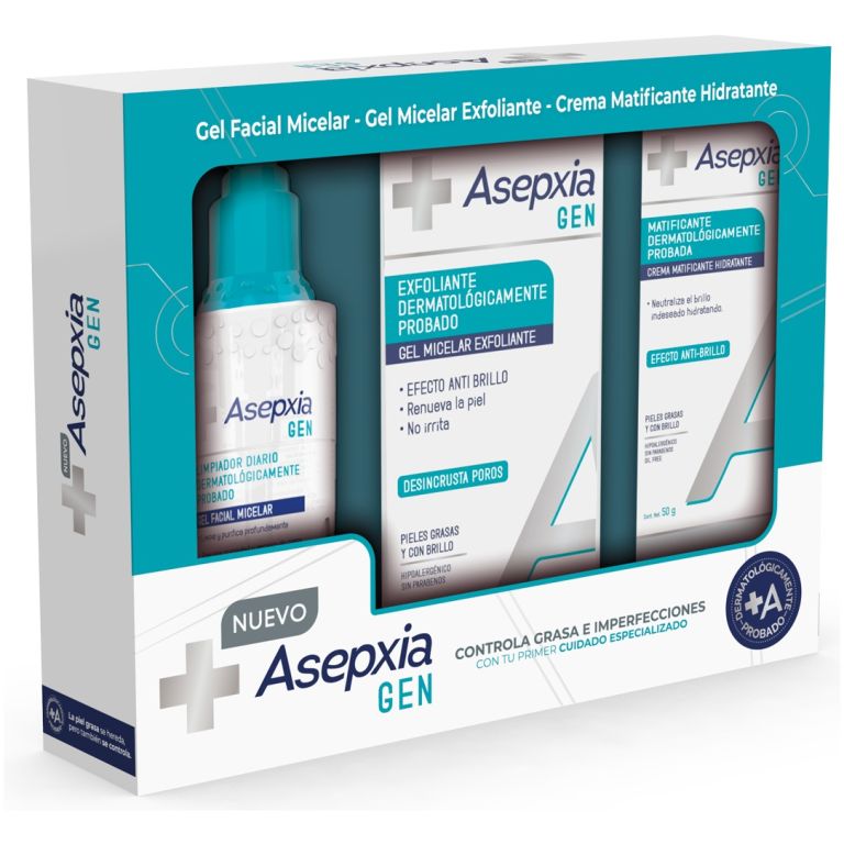 pack asepxia gen gel facial micelar+ crema+ gel exfoliante