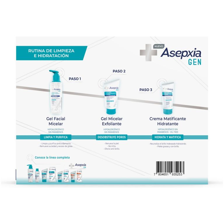 pack asepxia gen gel facial micelar+ crema+ gel exfoliante