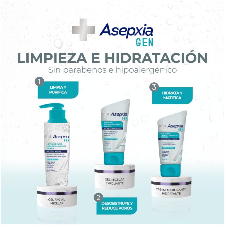 pack asepxia gen gel facial micelar+ crema+ gel exfoliante