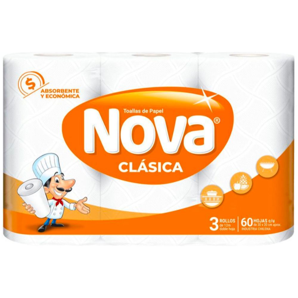 Nova Toalla De Papel Clasica 3 Rollos 12 Metros C/U