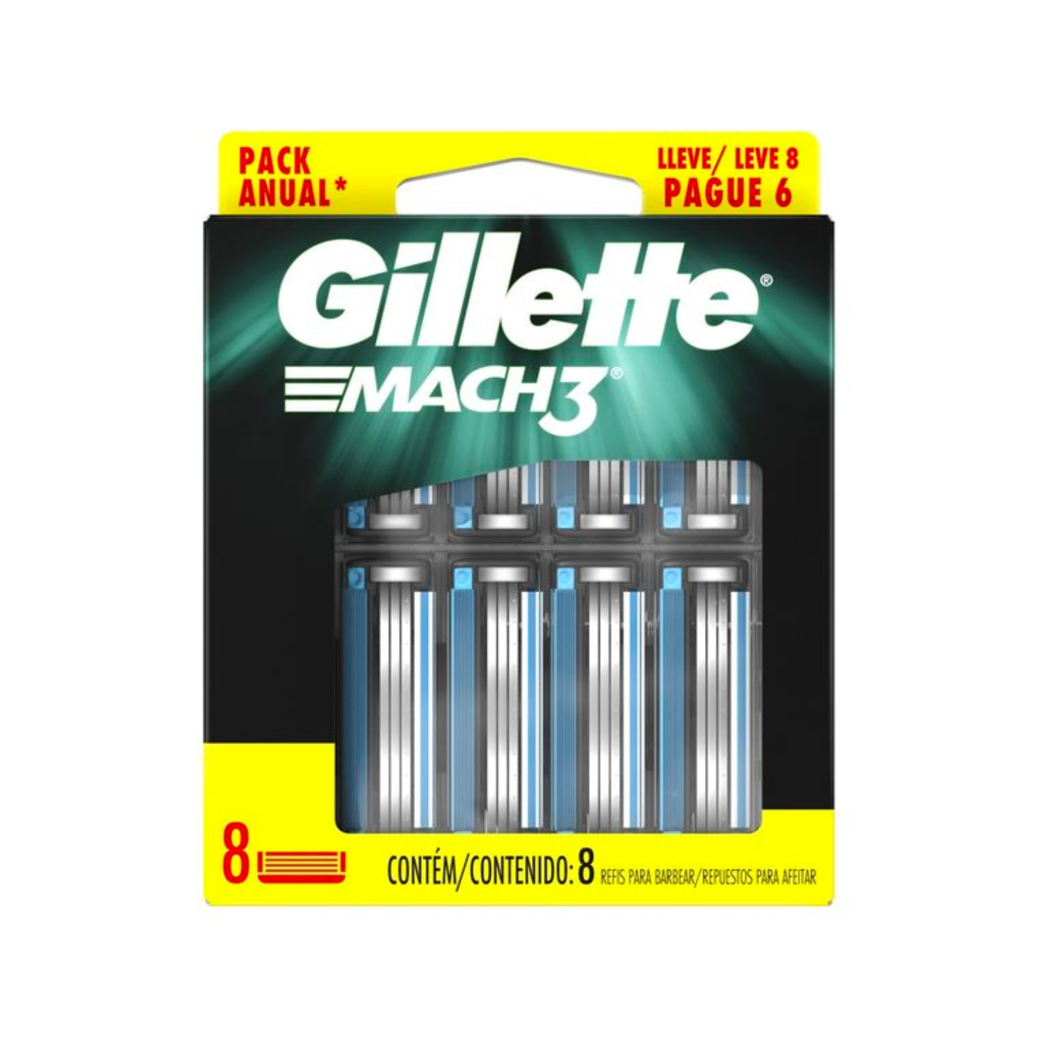 1 Gillette Repuestos Para Afeitar Mach 3 - 8 Cartuchos