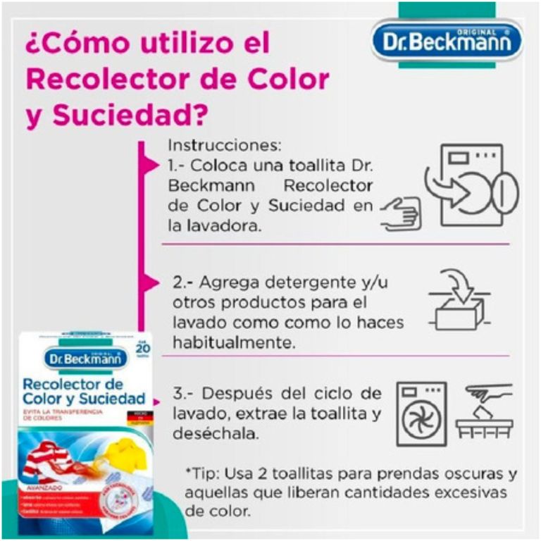 dr. beckmann recolector de color y suciedad 20 toallitas