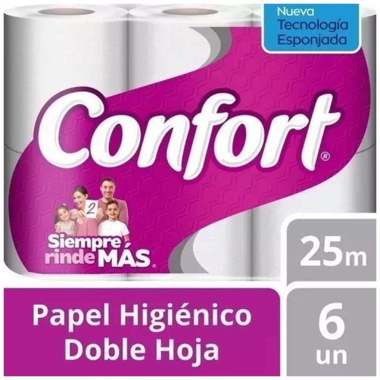 Papel Higienico Doble Hoja 6 rollos x 25m Confort